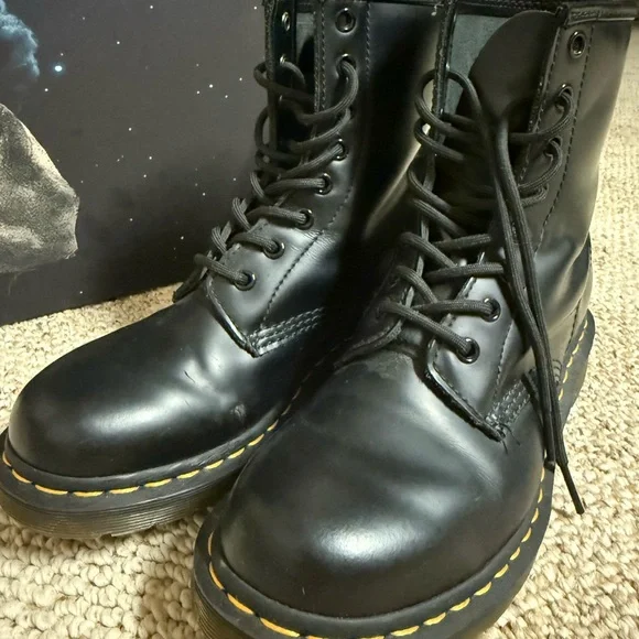 Dr. Martens Black Leather Boots with Yellow Accents - Picture 2 of 6
